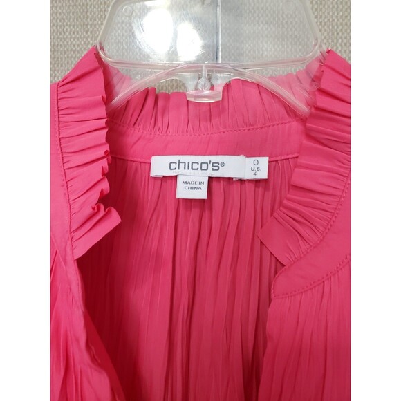Chico's Pink Crinkle Texture Pleated Ruffle Neck Tiered Flare Sleeve Blouse Sz S - Picture 3 of 7
